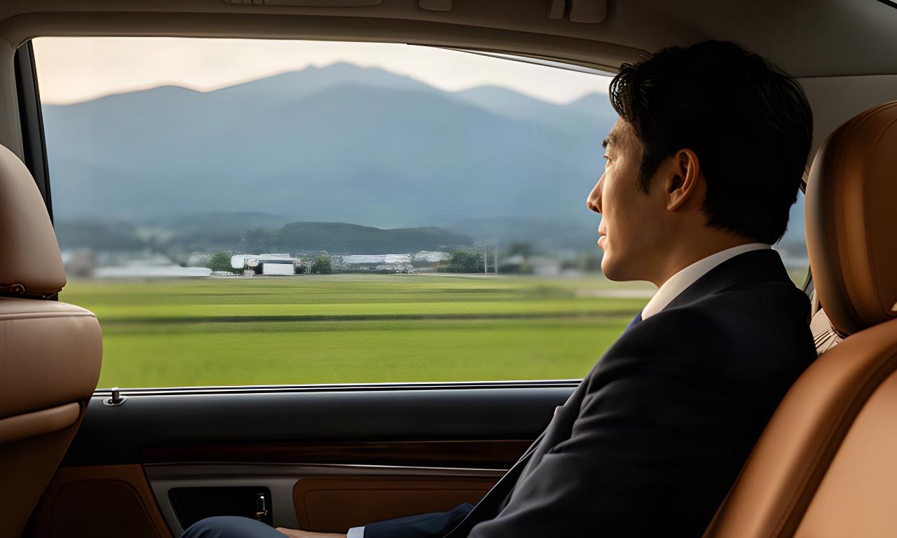 高級車の後席で窓外の岩手の景色を眺める乗客
