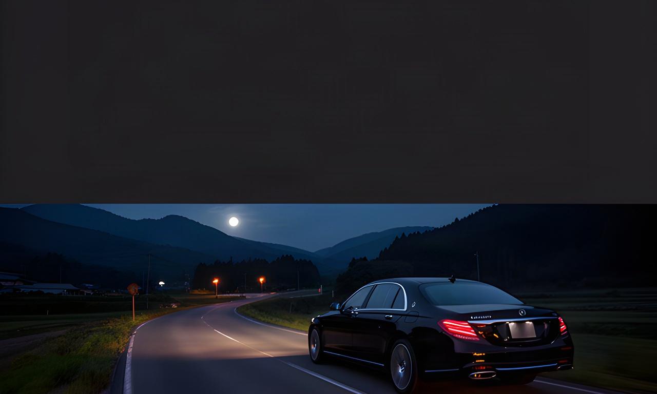 夜の岩手県道を走る黒い高級車と運転手のシルエット