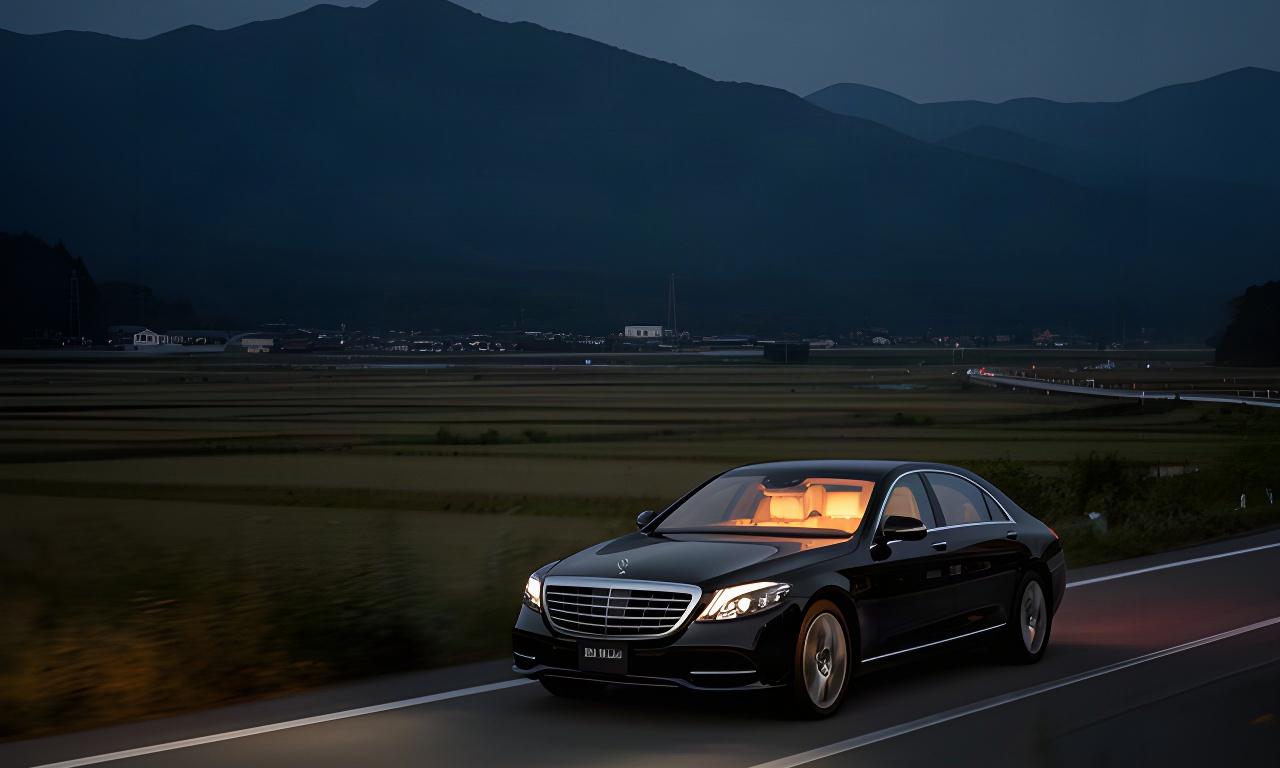 夜の岩手県道を走る黒い高級セダンと車内を照らす柔らかな照明